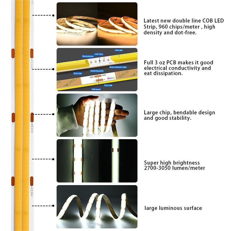 10m/Rolle Doppelleitungen 600Leds 12v 24v Ra80 12mm Flexible COB Led Flexible Streifenlicht